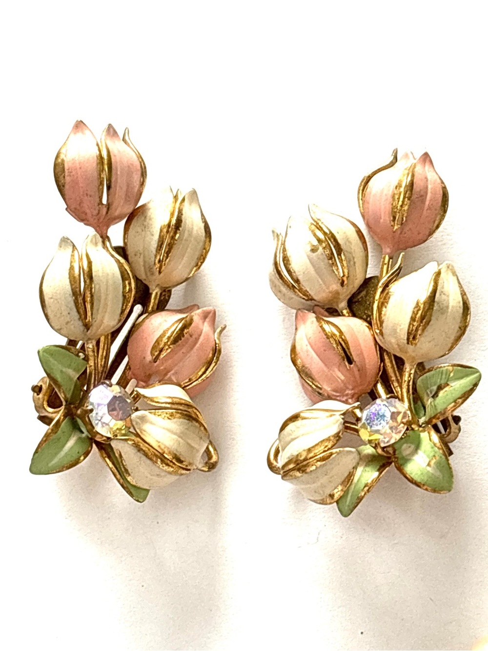 Vintage Triad 1950s Enamel Tulip Rhinestone Gold Tone Clip On Earrings Pastel